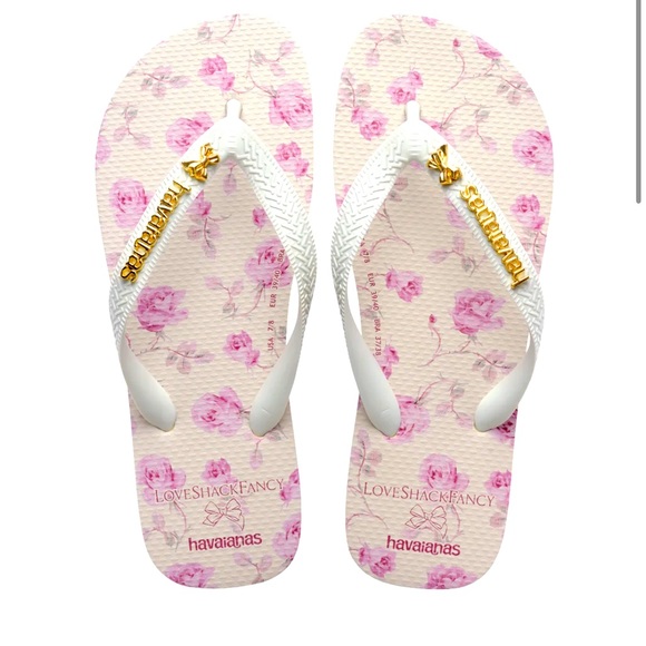 Havaianas Shoes - Havaianas White Flip Flops with Pink Floral Print and Gold Accents